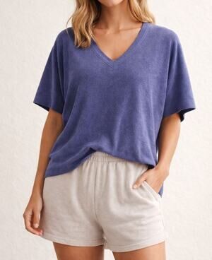 Natori Lounge Shirt Womens Medium Lavender V Neck Terry Cloth Top MSRP $48.00